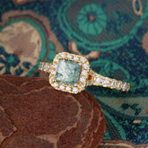 Princess Cut Moss Agate Engagement Ring Halo Half Eternity Pave Band